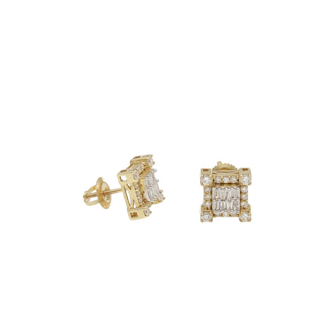 A pair of 10 karat gold square stud earrings with diamond round cut and also baguettes in different sizes with the screw back closure mechanism.