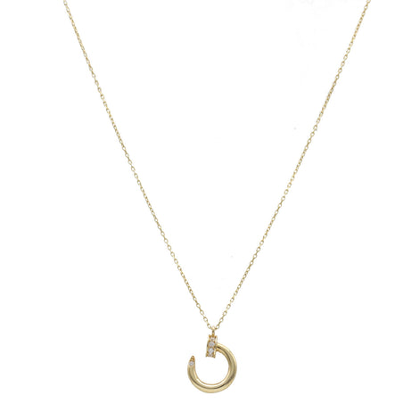 A 14 karat gold rolo necklace with a Nail Shape Pendant adorned with cubic zirconium stones.