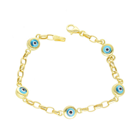 14k Solid Gold Rolo Devil Eye Blue Bracelet on a white background.