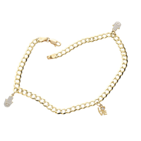 14K Gold Italian Curb Hamsa Love Anklet - Zirconia Charms | Veka
