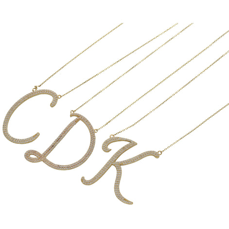14 karat Gold & cz Rolo Necklace 1x18 and Cursive Initial Charm $200 Off