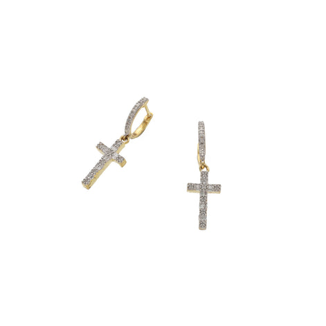A pair of 10 karat gold diamond cross huggies hoop earrings with white gold Diamond Stones.