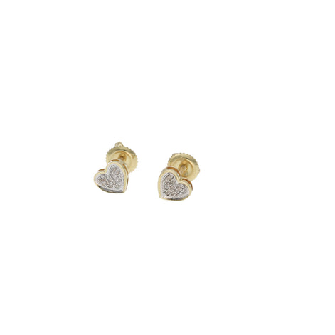 A pair of 10 karat yellow gold diamond heart stud earrings with screw back closures.