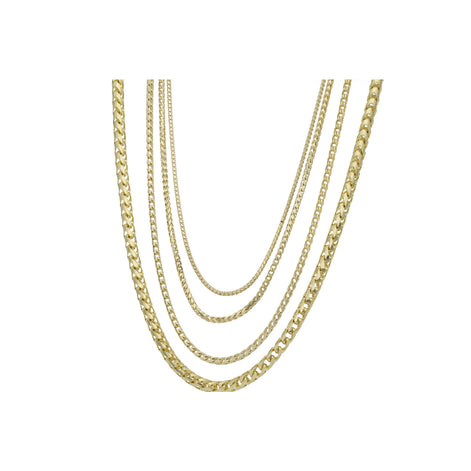 14k Solid Gold A set of three gold Franco Rondo chains of varying lengths laid out parallel to each other against a white background.