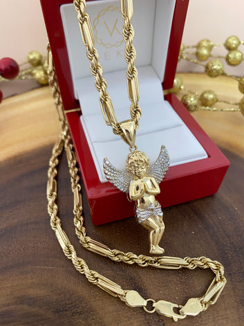 10 Karat Gold Figaro Rope Angel Set