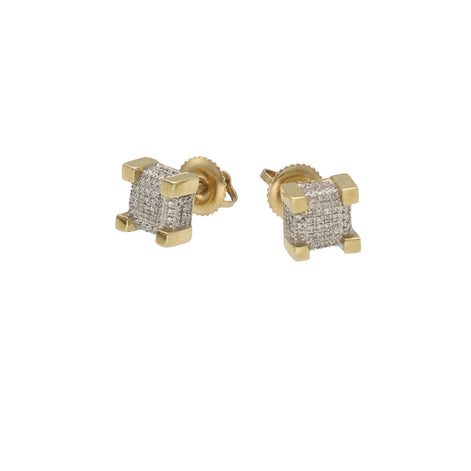 Close up of a Pair Real Gold Micro Pave Natural Diamond Mens Earrings. With Gold Post in each Corners to make them look strong and bold.