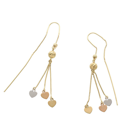 14 Karat Three Tone Gold Stick Threader Heart Earrings