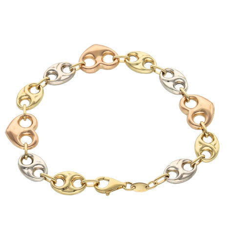 10 Karat Gold Three Tone Puff Mariner Hearts Bracelet