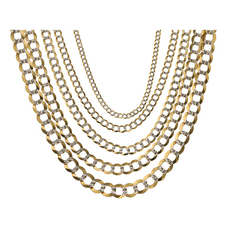 Curb Italian Chains in real gold in pave style displayed in u shape from the smallest to the biggest in a white background