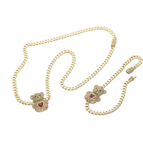 10 Karat Gold Cuban Link Teddy Bear Tummy Heart Set Necklace and Bracelet