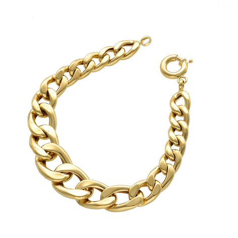 A 14 karat gold Miami Cuban double width bracelet with a round lock clasp, displayed on a white background.