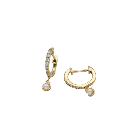 A pair of 14 karat gold hoop earrings with pearl genuine stone.