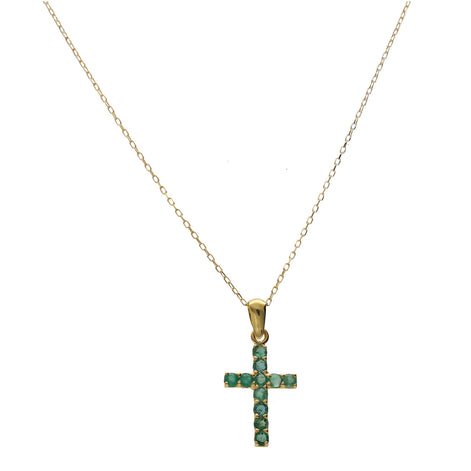18 Karat Gold Natural Stone Emerald Cross Rolo Necklace