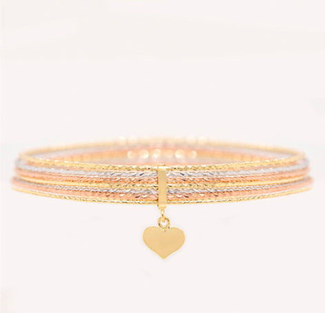 14 Karat Three Tone Gold Heart Bangle