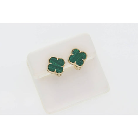 14 Karat Gold Malachite Green Clover Clip Back Earrings