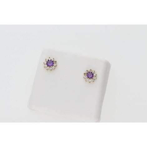 14 Karat Gold Cz Purple Flower Stud Earring W:1.3