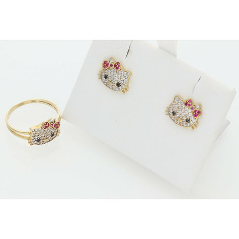 10 Karat Gold & Cz Kitty Set Ring + Earrings W: 3.8