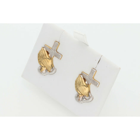 10 karat Gold Cross and Hand Two Tone Earrings W: 2.1