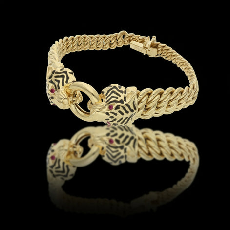10K yellow gold tiger princess bracelet with Cuban link chain and black enamel tiger heads