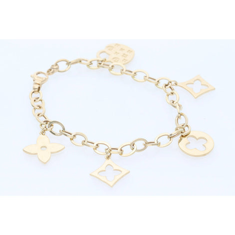14K yellow gold Rolo chain bracelet with fancy love charms on white background showing elegant design