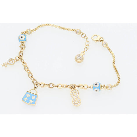 14k G Rolo Light Blue Charms Brac 3.2x7.5 W:5.7
