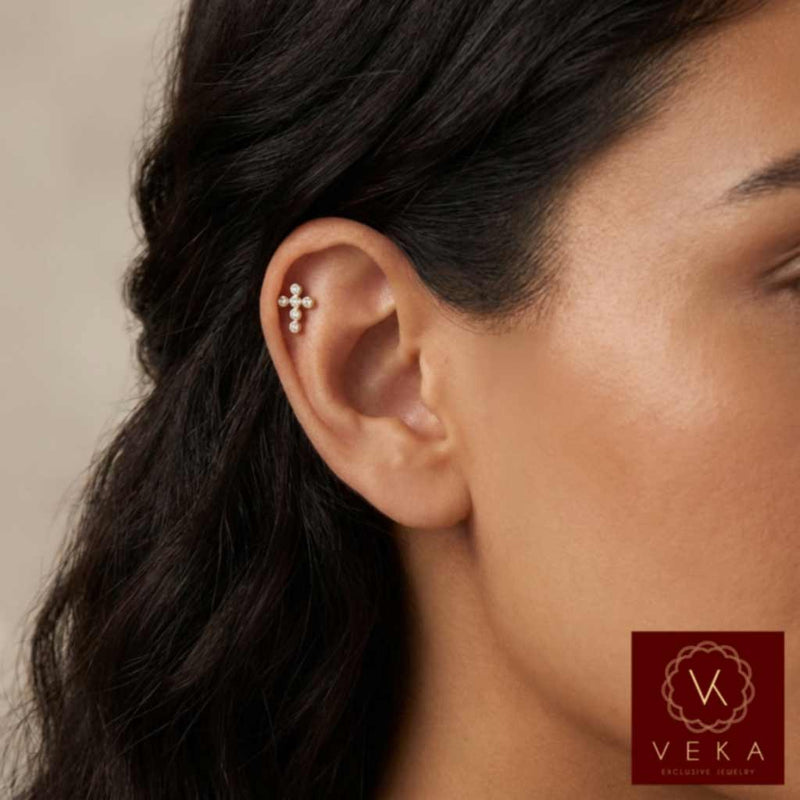 14K Gold Cross Cartilage Piercing with CZ Bezel - Premium Design Jewelry