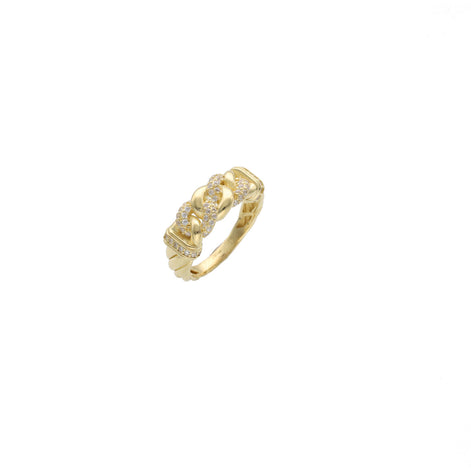 10K yellow gold Cuban link ring with clear zircon stones - women's chain band with twisted design by VEKA JEWELRY