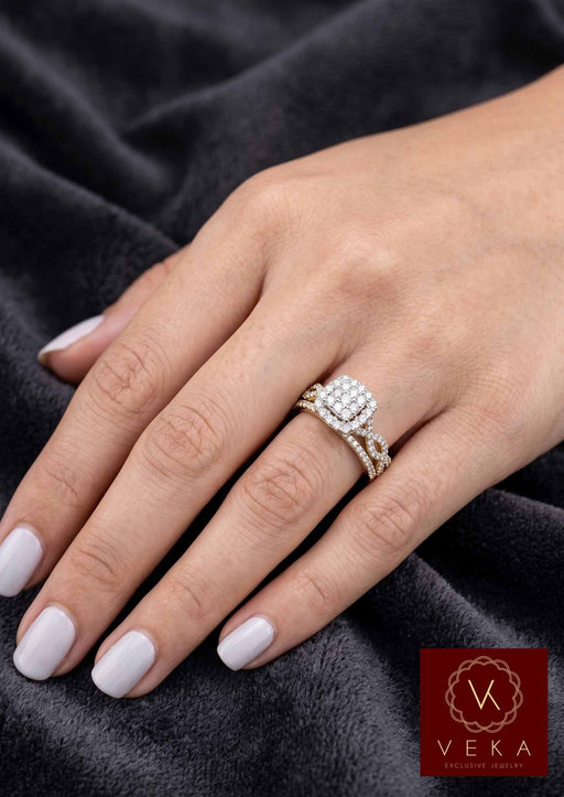 1.5 CTW Natural Diamond Bridal Set in 14K Solid Gold shown on a model's hand by VEKA Jewelry