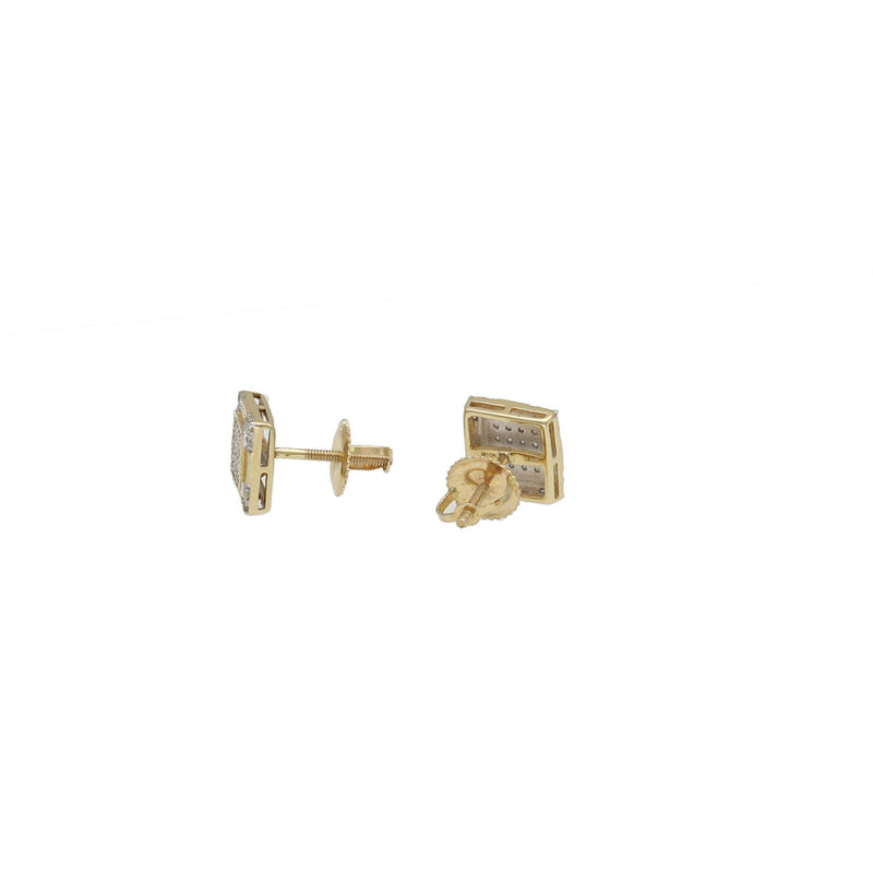 Angled top view of VEKA JEWELRY men's 1/6 CTW natural round diamond earrings highlighting the yellow gold square borders