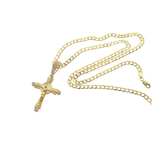 Solid 10K Gold Necklace Set with Jesus Cross with cz stones showing the chain "corte de brillo" with lobster lock in yellow gold.