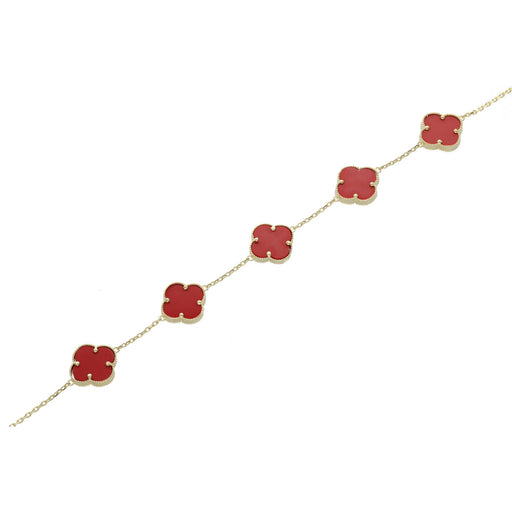 10K gold clover bracelet with red carnelian color stones featuring four leaf clover charms - lucky charm bracelet for women by Veka Jewelry