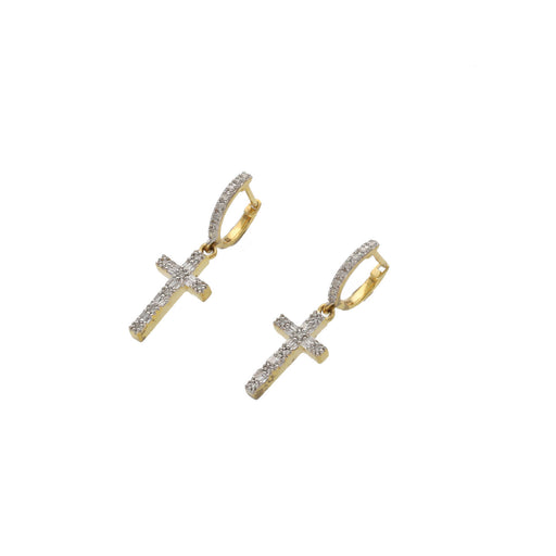 Close up of A pair of 10 karat gold diamond cross huggies hoop earrings with white gold Diamond Stones.