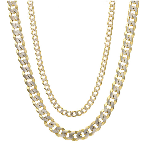 Two Italian Pave Cub Flat Cuban Link Chain in Yellow Gold with pavé accents displayed in u shape with the 4 mm one on top and 7.5mm wide on the bottom.