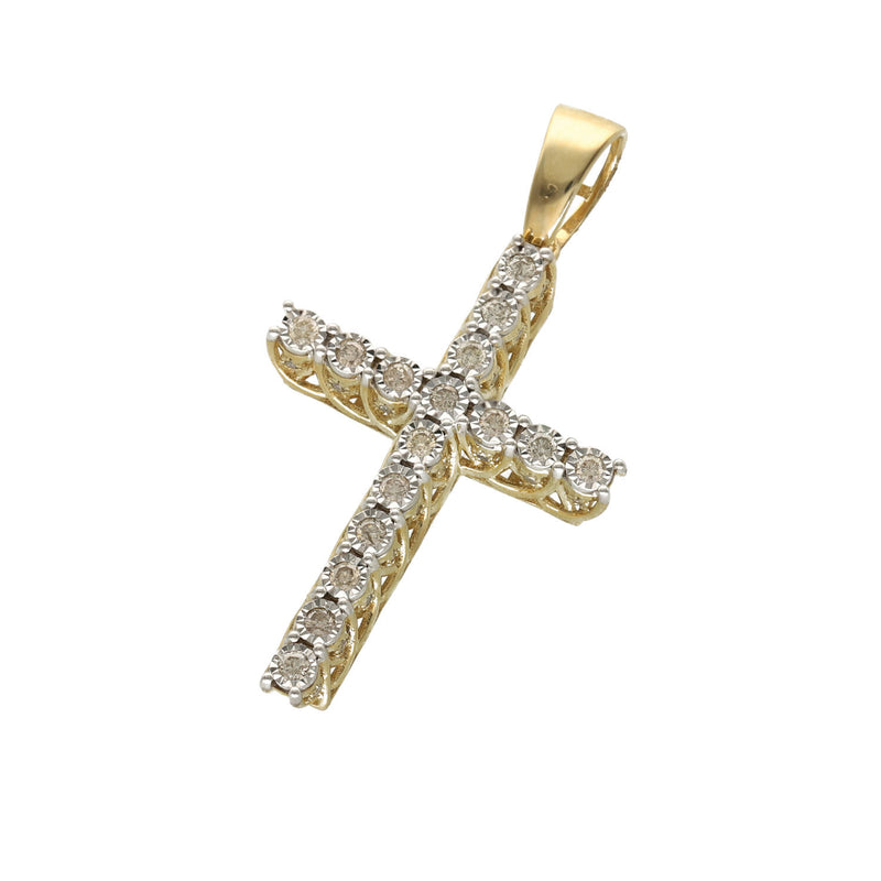 Front-facing view of the 10K yellow gold diamond cross pendant showcasing the white gold miracle illusion plates and prong-set natural diamonds.