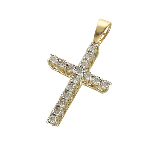 Front-facing view of the 10K yellow gold diamond cross pendant showcasing the white gold miracle illusion plates and prong-set natural diamonds.