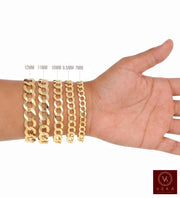 Four 10K Yellow Solid Gold Cuban Link Curb Bracelet in different widths (12mm, 11mm, 10mm, 8.5mm and  7mm) displayed on a person's wrist against a white background, with size labels and a Veka Jewelry brand logo in the bottom right corner.