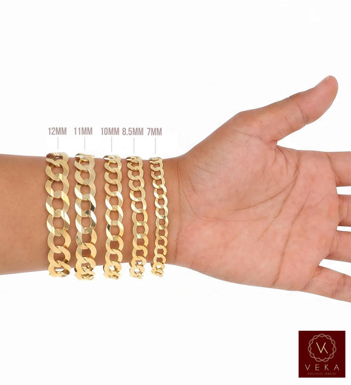 Four 10K Yellow Solid Gold Cuban Link Curb Bracelet in different widths (12mm, 11mm, 10mm, 8.5mm and  7mm) displayed on a person's wrist against a white background, with size labels and a Veka Jewelry brand logo in the bottom right corner.