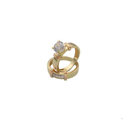 10K two-tone gold luxury wedding ring set with CZ zirconia stones on white background