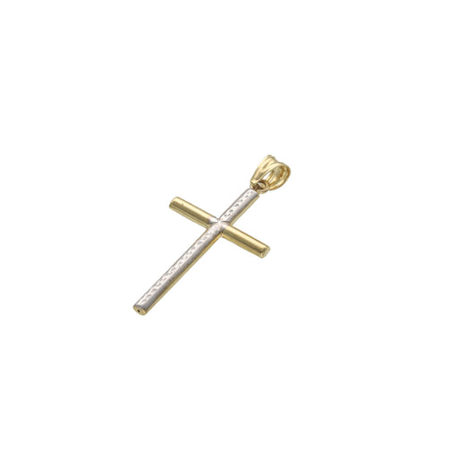 Small 10K gold cross pendant showing diamond-cut detail and yellow gold