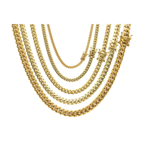 Set of gold 10K solid gold Miami Cuban link chain with secure box lock clasp - premium authentic sold gold jewelry