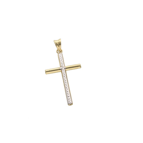 10K two-tone gold cross charm with diamond-cut white gold center in a white background