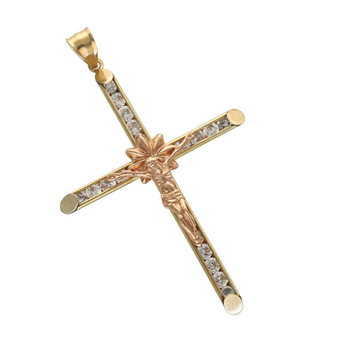 10K two-tone gold crucifix with rose gold on a white background