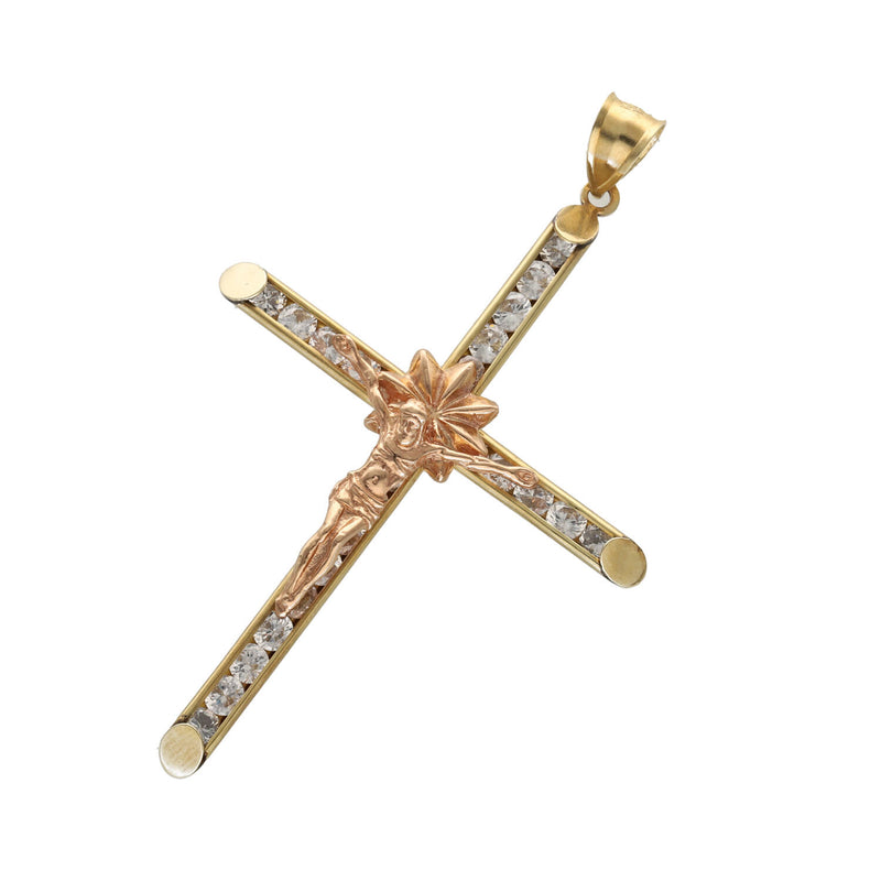10K two-tone gold crucifix with rose gold Jesus Christ figure and CZ stones