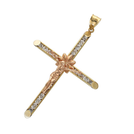 10K two-tone gold crucifix with rose gold Jesus Christ figure and CZ stones