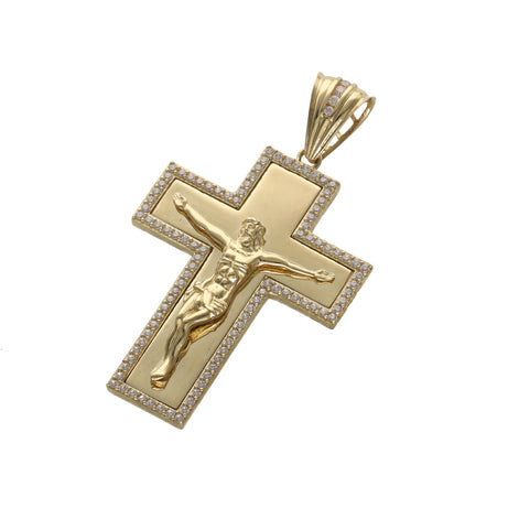 10K yellow gold Jesus crucifix pendant with cubic zirconia stones border on a white background.