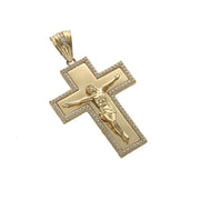 10K yellow gold Jesus crucifix pendant with cubic zirconia stones border on a white background.
