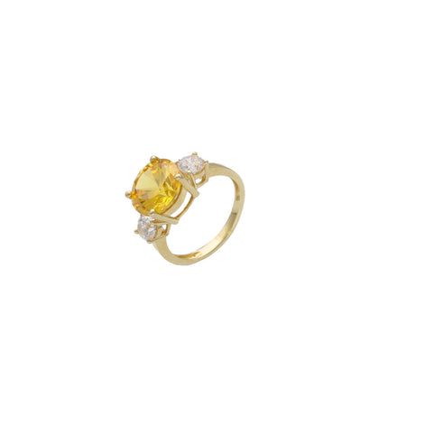 Yellow gold citrine ring with diamond-like zircon side stones - elegant three stone design in a white background