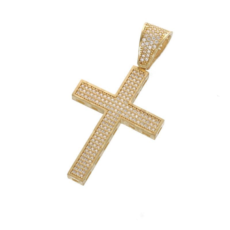 10K yellow gold cross pendant fully filled with cubic zirconia stones rectangular edge