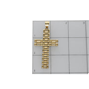 10K yellow gold watchlink cross pendant on a white background in a ruled grid.