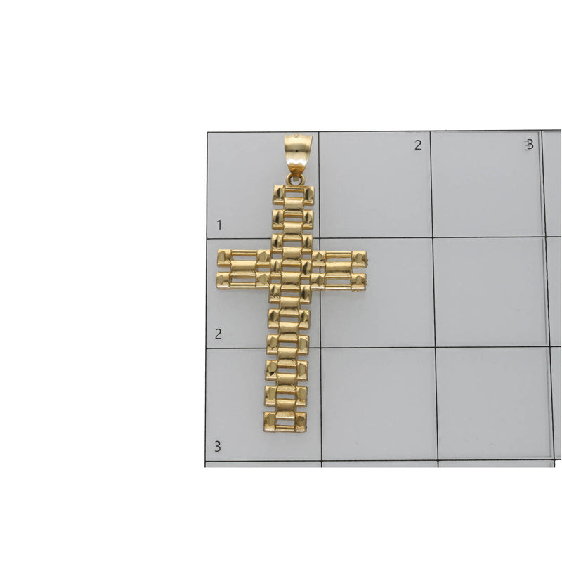 10K yellow gold watchlink cross pendant on a white background in a ruled grid.